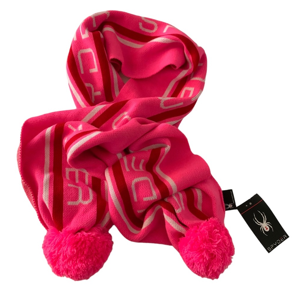 Spyder Thin Knit Scarf Neon Pink with Pom Poms NWT